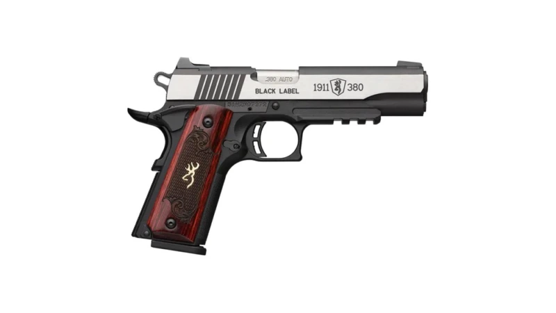 Browning 1911 380 Black Label Medallion Pro Handgun 380 ACP 8rd Magazine 4.25" Barrel Black with Silver Slide and Wood Grip 3-Dot Sights Accessory Rail