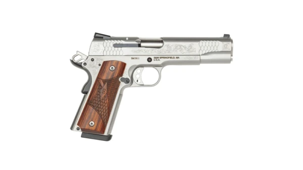 Smith & Wesson 1911 Engraved Handgun .45 ACP 8rd Magazine 5" Barrel Engraved Silver with Wood Grip