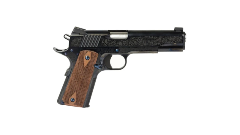 Standard Mfg 1911 Handgun .45 ACP 7rd Magazine 5" Barrel Black and Royal Blue Engraving with Brown Grips